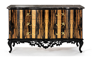 WHITE MACASSAR EBONY AND MARBLE CHEST OF DRAWERS