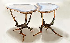 RARE HAND SCULPTURED BRONZE & AGATE COCKTAIL TABLES