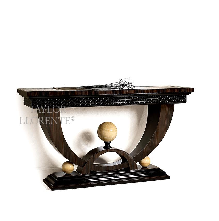 classical Italian macassar ebony console table with 3 onyx spheres 