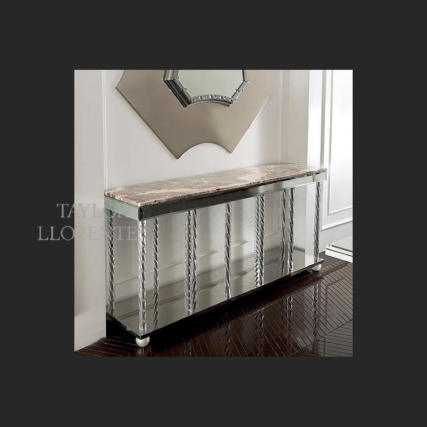 Designer Italian Murano glass console table with marble console top