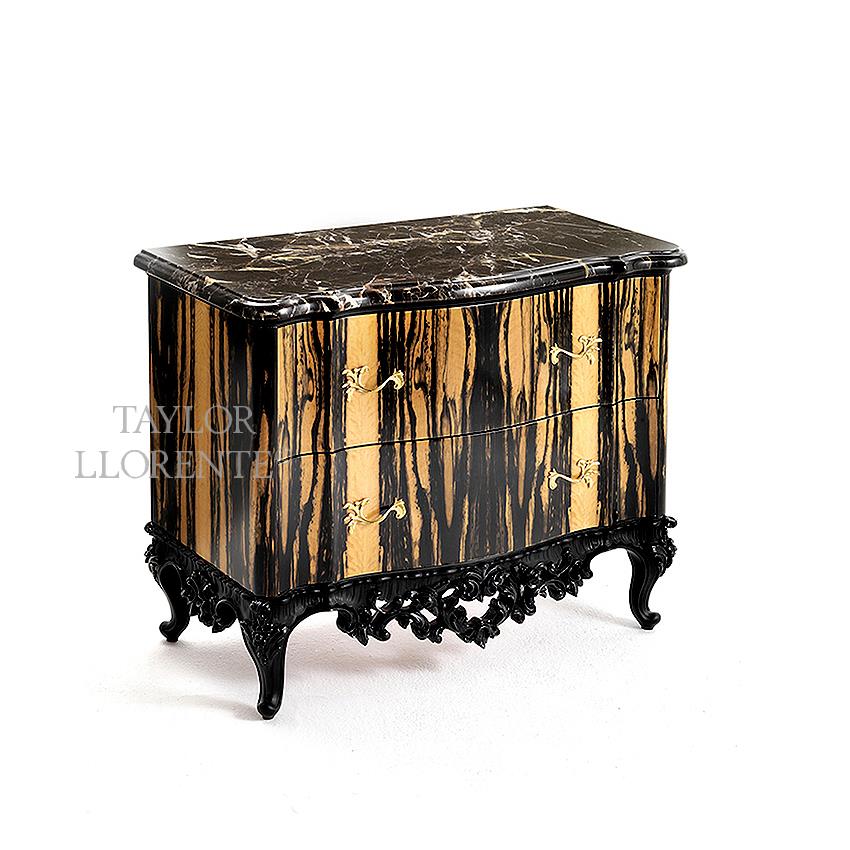 Luxury white macassar ebony and marble bedside tables with 2 drawers.