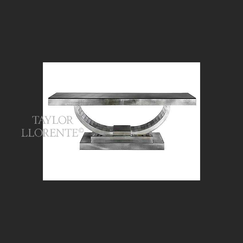 Art Deco console table covered in luxury antiqued Venetian mirror glass.