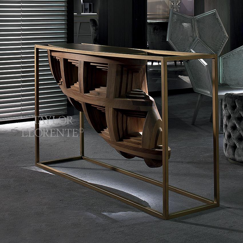 console table with suspended architectural design in walnut wood