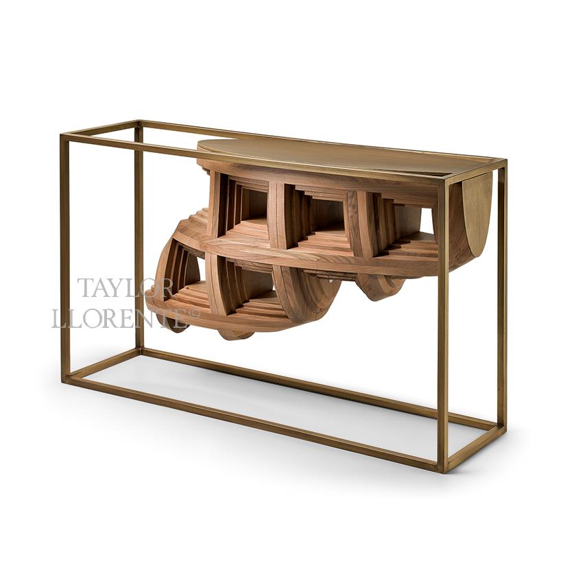 High end  console  table with suspended walnut wood architectural sculpture