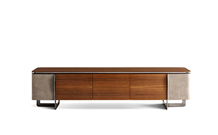 ARCHITECTURAL WALNUT & LEATHER LOW SIDEBOARD 