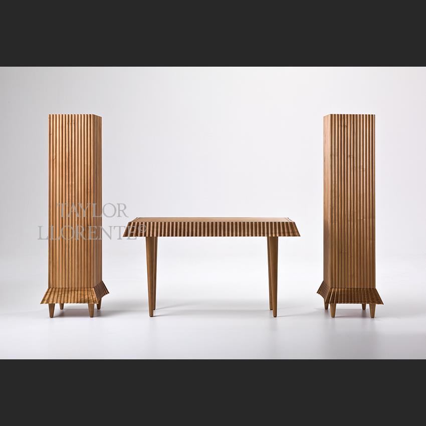 contemporary fluted walnut console table with walnut cabinets