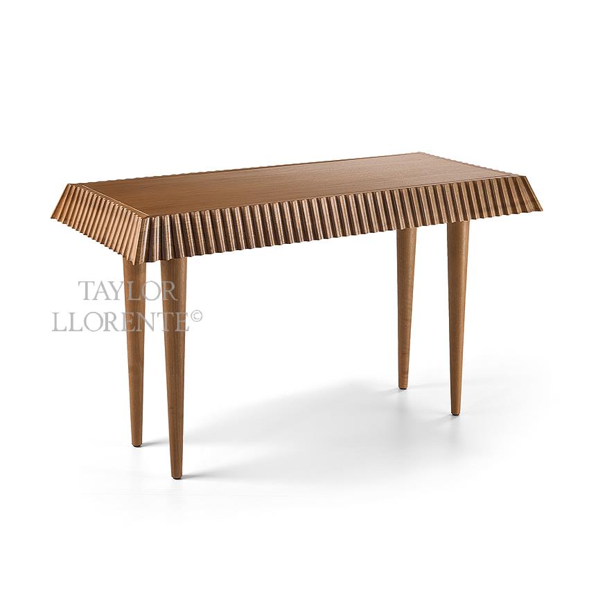 modern designer walnut wood console with fluted carved edge
